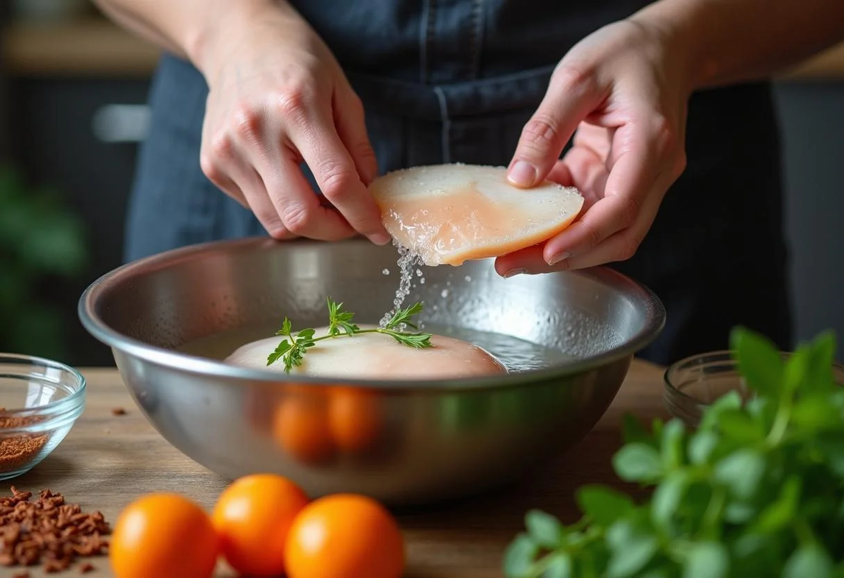 Préparation de la recette de foie de morue avec du foie de morue rincé sous l'eau froide, des herbes fraîches et des épices en arrière-plan.