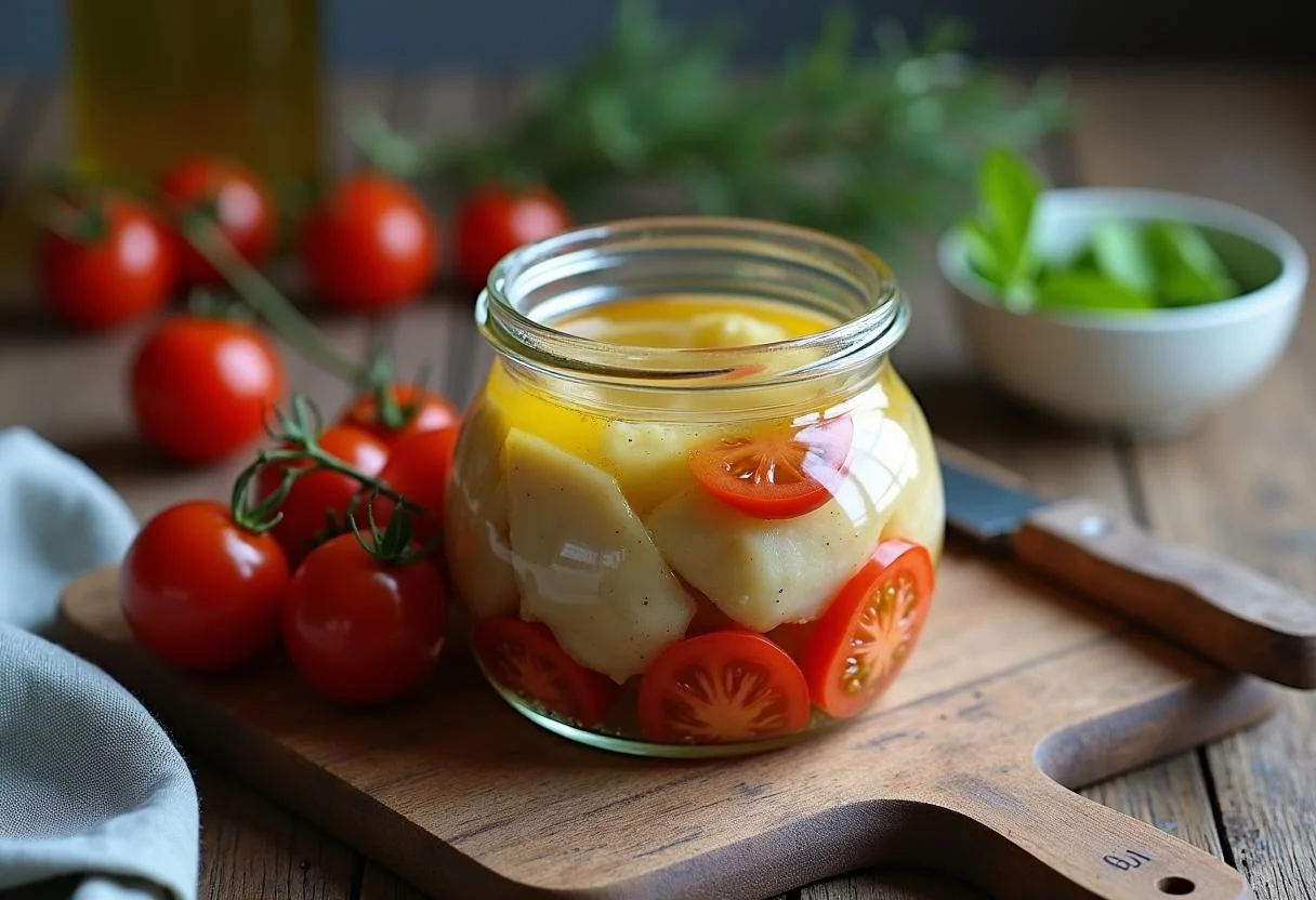 Conservation de foie de morue dans un bocal en verre avec des tomates cerises et de l'huile d'olive, illustrant la recette de foie de morue.