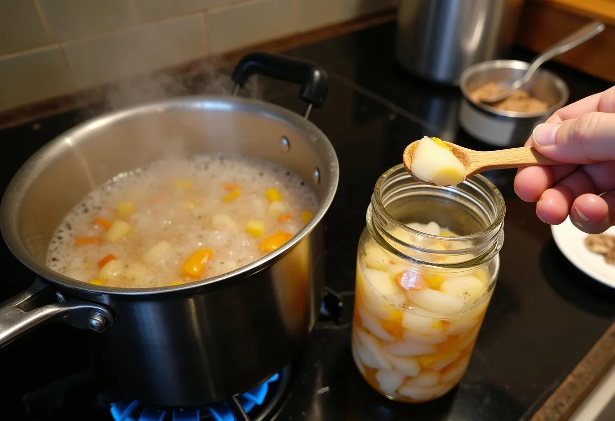 Préparation pour la stérilisation du foie de morue dans un bocal en verre, avec un pot d'eau, de sel et d'épices sur la cuisinière.
