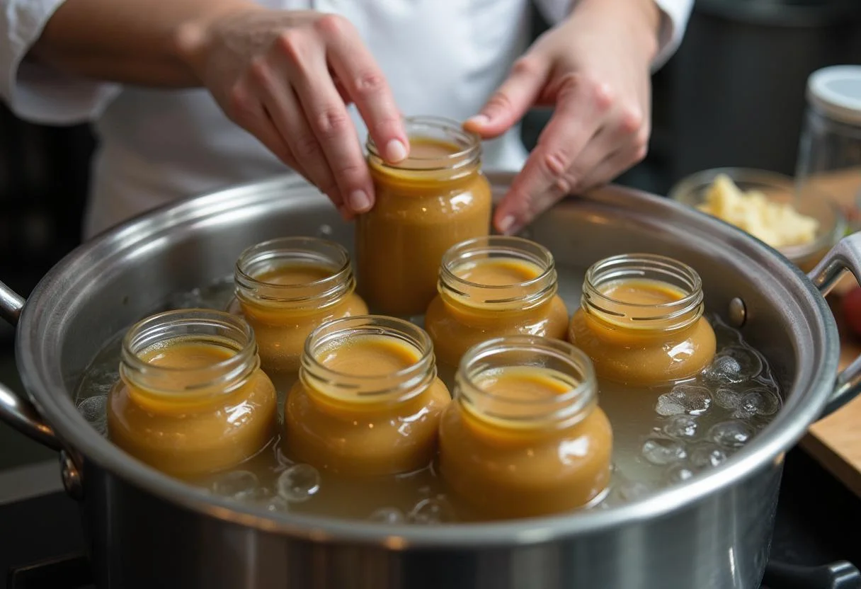 Conservation du foie de morue, le chef plaçant des bocaux dans une grande casserole d'eau bouillante pour une stérilisation adéquate.