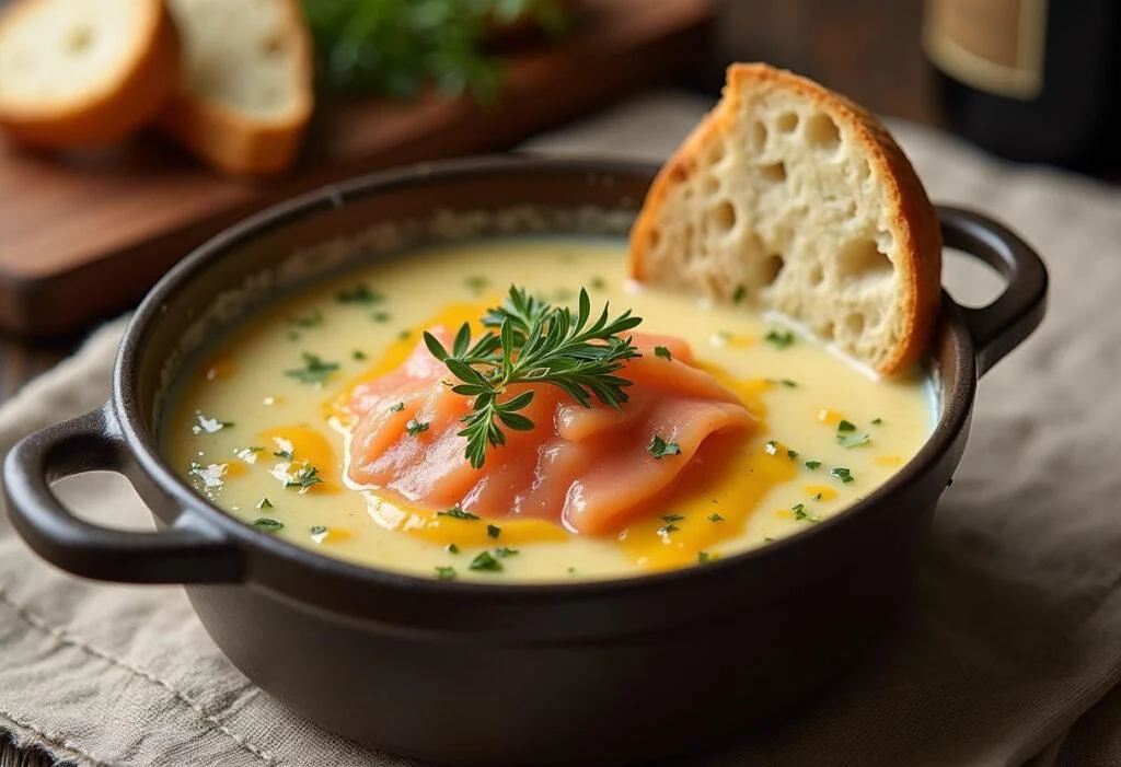 Présentation de la fondue de poireaux au saumon crémeuse dans un plat élégant, idéale pour un repas délicieux.