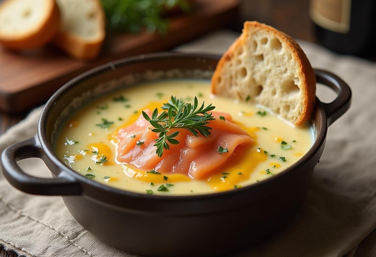 Présentation de la fondue de poireaux au saumon crémeuse dans un plat élégant, idéale pour un repas délicieux.