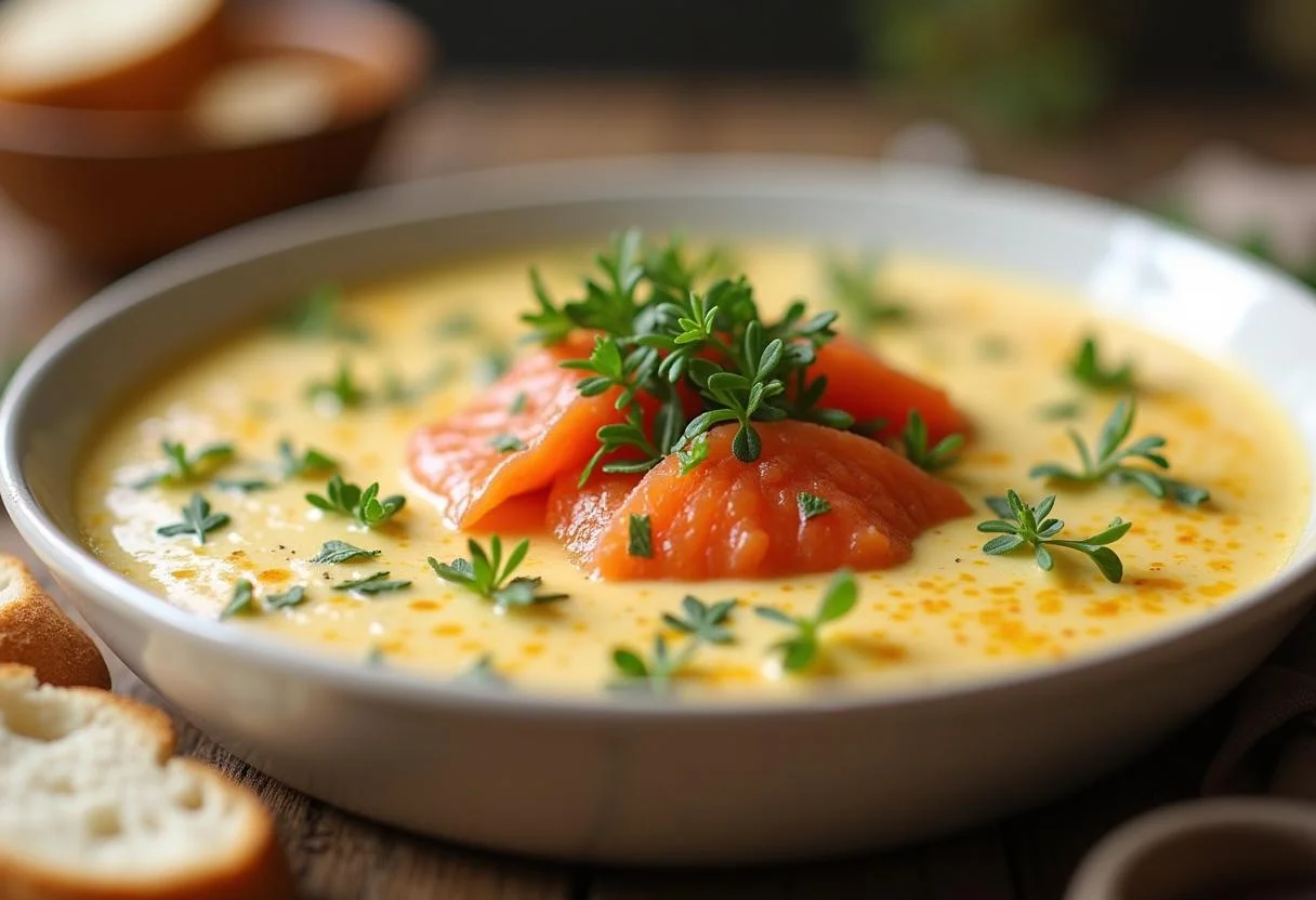 Présentation de la fondue de poireaux au saumon crémeuse dans un plat élégant, idéale pour un repas délicieux.