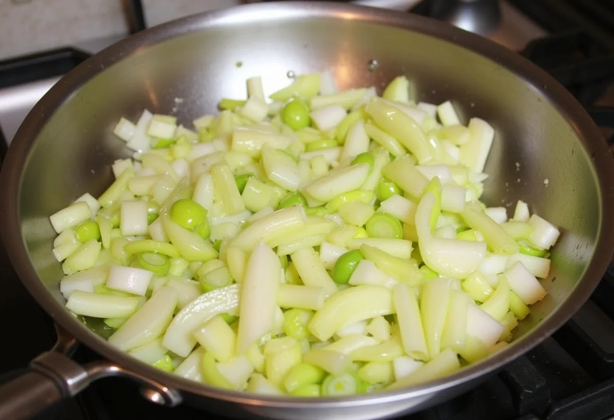 Cuisson des poireaux dans une grande poêle avec du beurre pour réaliser une délicieuse fondue de poireaux au saumon crémeuse.