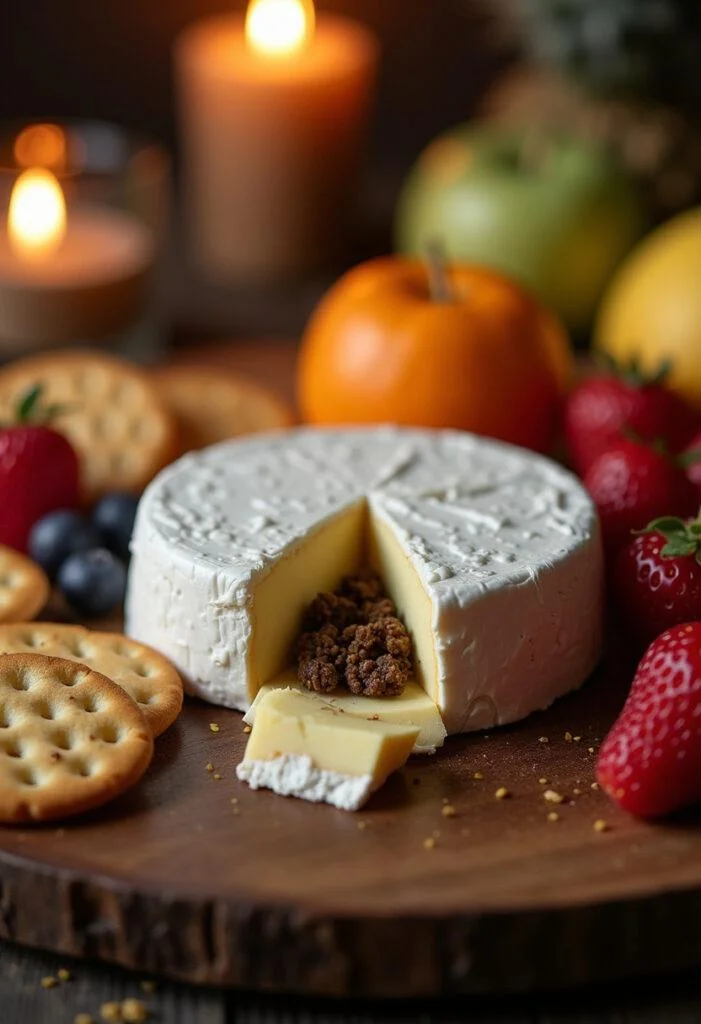 Fromage Brie fourré à la truffe fini présenté sur un plat rustique, entouré de crackers et de fruits frais, parfait pour les fêtes.