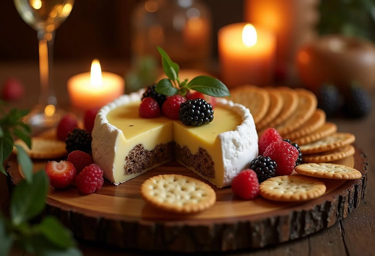 Fromage Brie fourré à la truffe fini présenté sur un plat rustique, entouré de crackers et de fruits frais, parfait pour les fêtes.