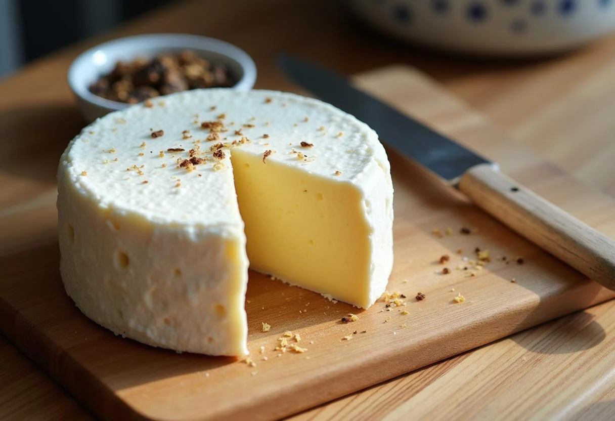 Roulette de fromage Brie frais avec des copeaux de truffe noire sur une planche à découper, mettant en avant les ingrédients pour un fromage Brie fourré à la truffe exquisite.