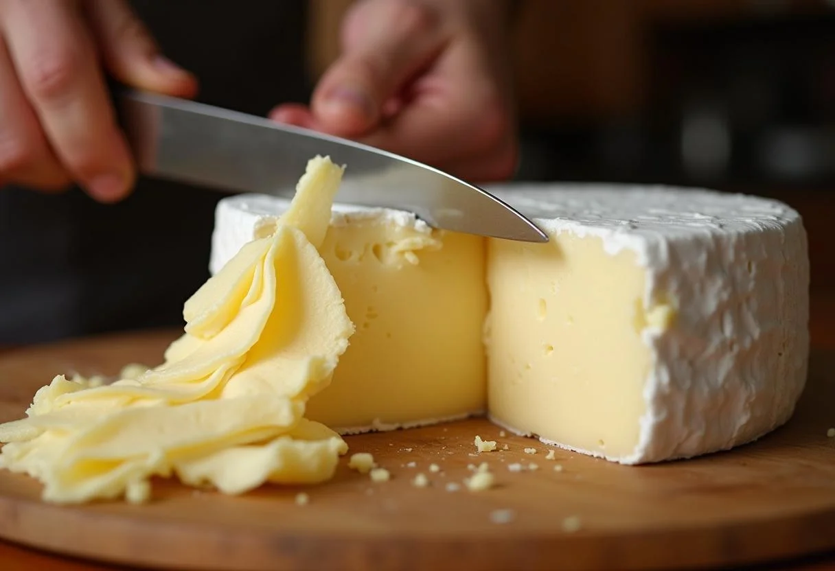 Roulette de fromage Brie coupée horizontalement, montrant la texture crémeuse à l'intérieur, préparée pour le fromage Brie fourré à la truffe pour les fêtes.