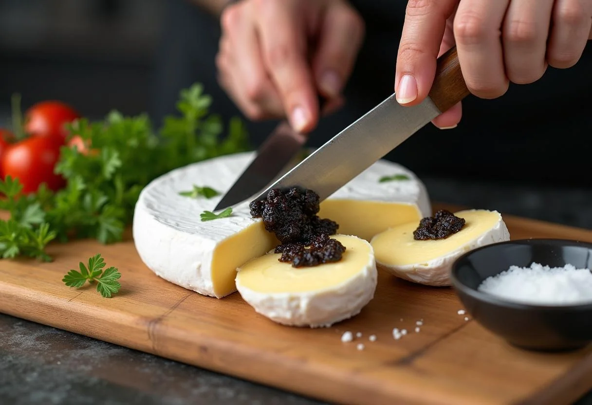 Un chef étalant de la pâte de truffe noire à l'intérieur du fromage Brie, créant une préparation délicieuse et festive pour le fromage Brie fourré à la truffe.
