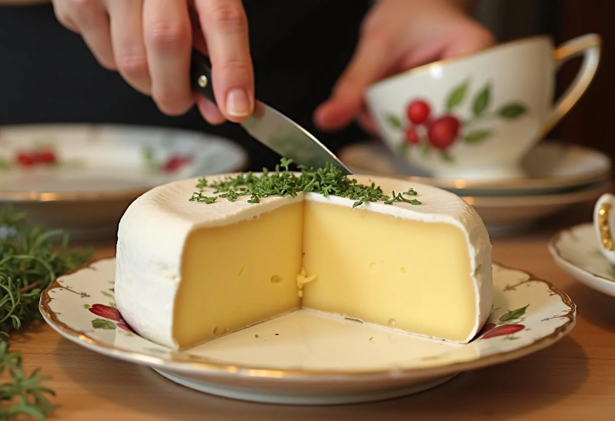 Une roulette de fromage Brie fourrée à la truffe, joliment rassemblée avec des herbes fraîches sur le dessus, prête pour un repas de fête.