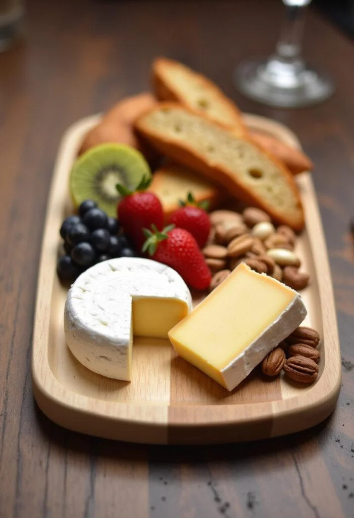 Assiette élégante de Brie de Meaux et Brie de Melun avec fruits frais, noix et pain artisanal.