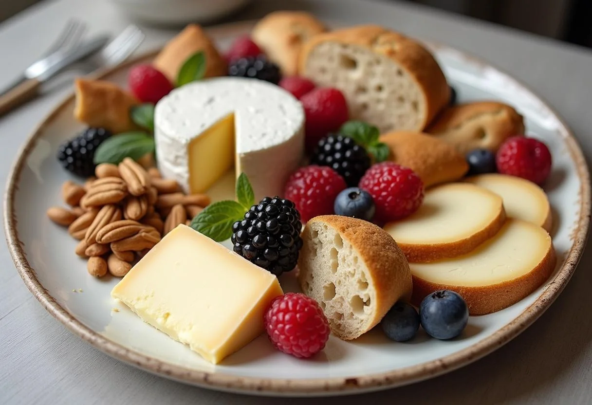 Assiette élégante de Brie de Meaux et Brie de Melun avec fruits frais, noix et pain artisanal.
