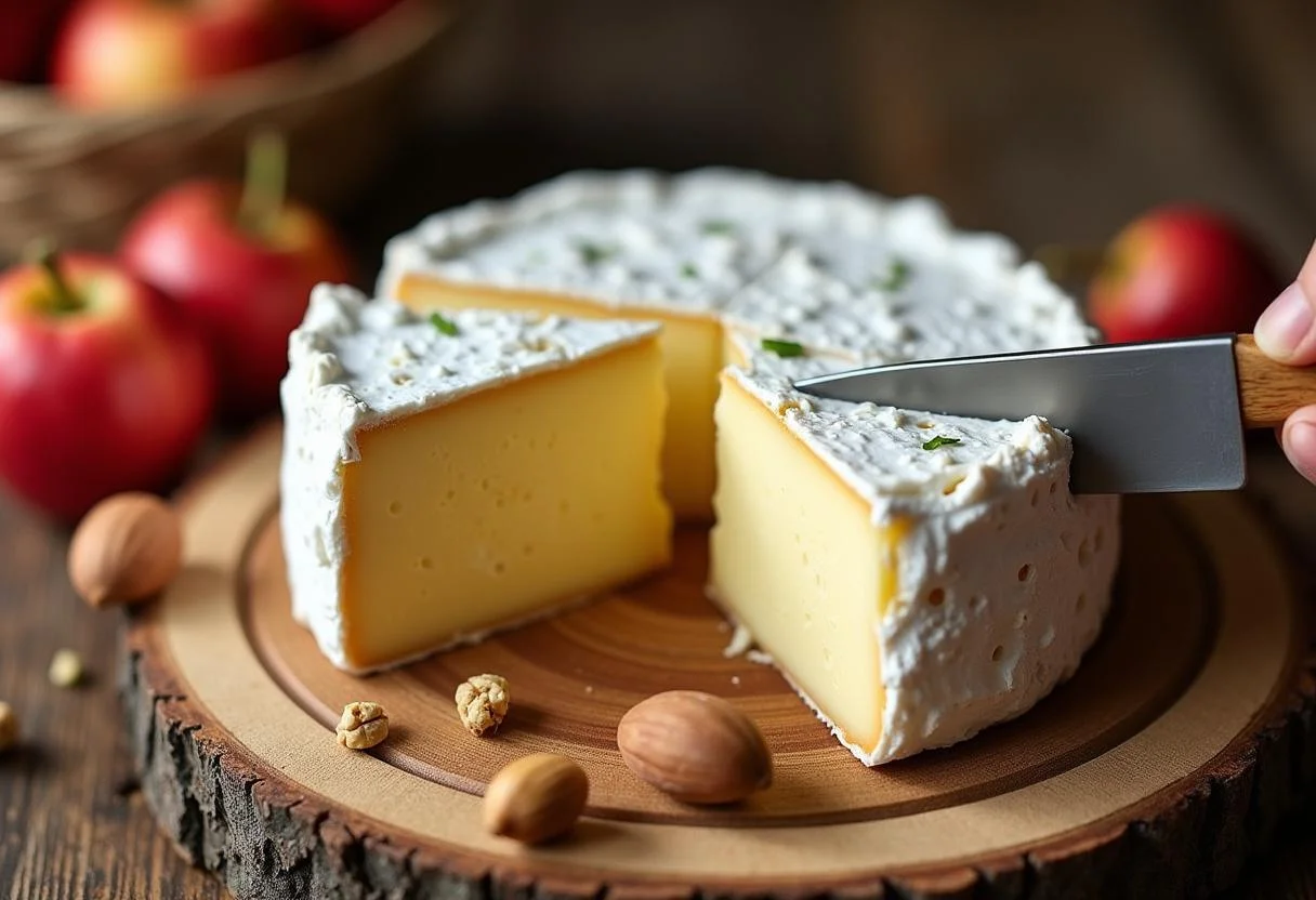 Dégustation du fromage Brie de Meaux avec des fruits et des noix sur une planche en bois.