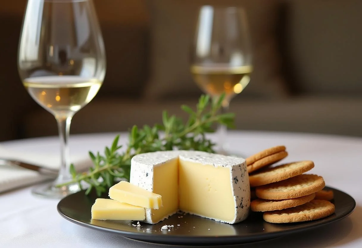 Plateau de fromages incluant le Brie de Melun, des crackers et un verre de vin blanc, décoré d'herbes fraîches.