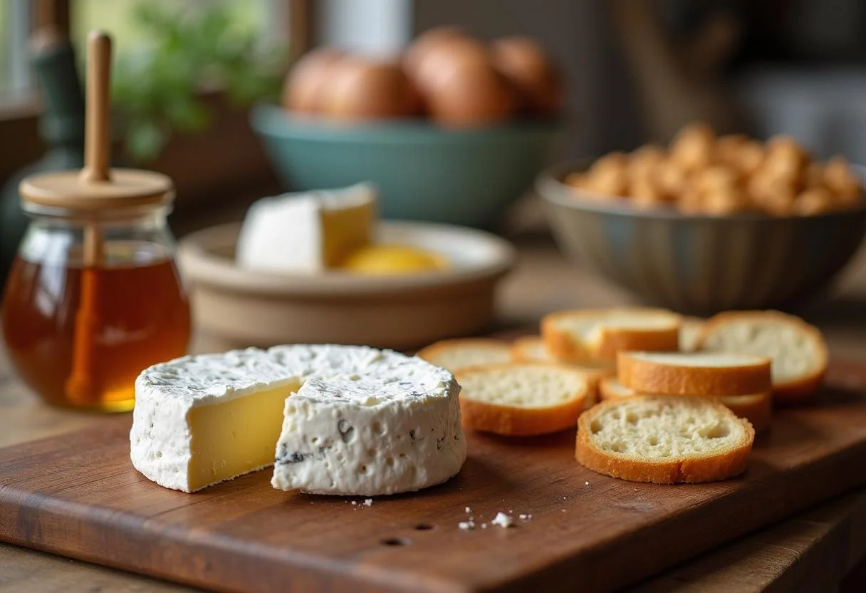 Préparation du fromage Brie avec du miel et des tranches de baguette dans une cuisine accueillante.