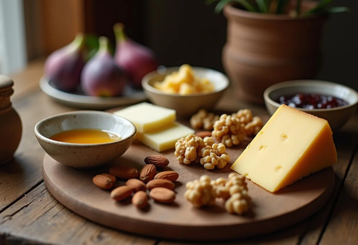 Bol de miel et confiture de figue à côté du fromage Coulommiers, ambiance de cuisine rustique.