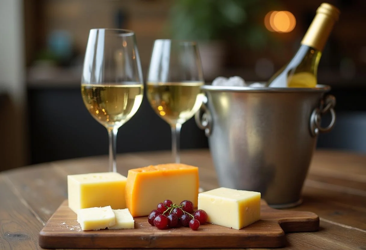 Verre de vin blanc et bouteille dans un seau à glace avec fromage Coulommiers, élégante présentation.