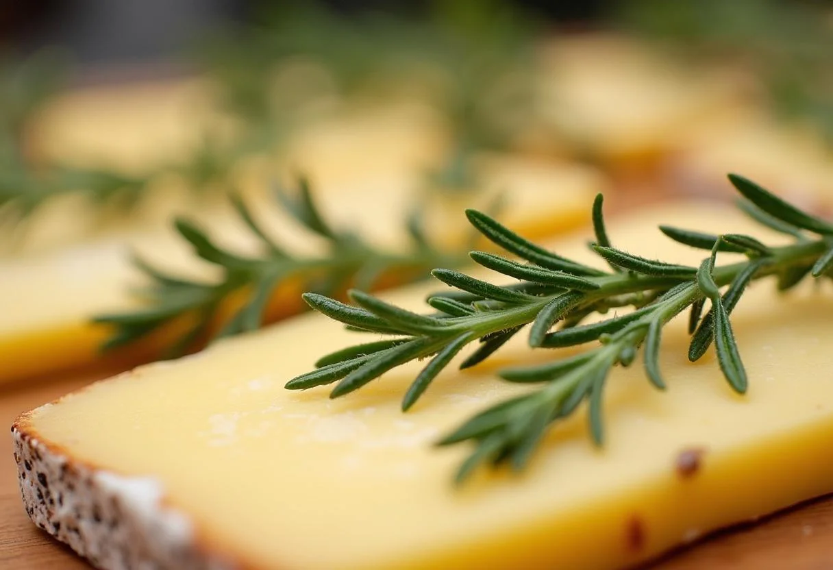 Fromage Coulommiers garni d'herbes fraîches comme le thym et le romarin, premier plan coloré.