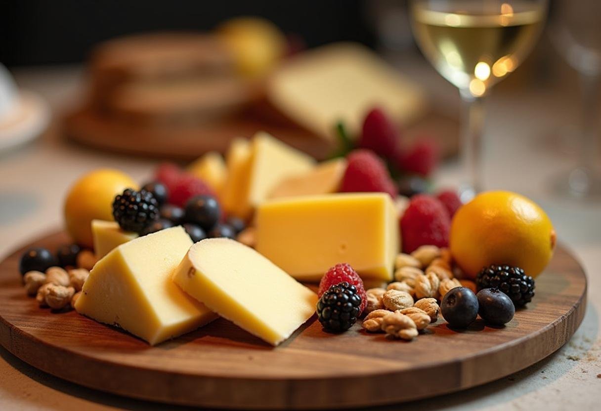 Plateau de fromage avec Fromage Vieux Lille, fruits frais et noix, illustrant l'art de la dégustation de fromage vieux lille.