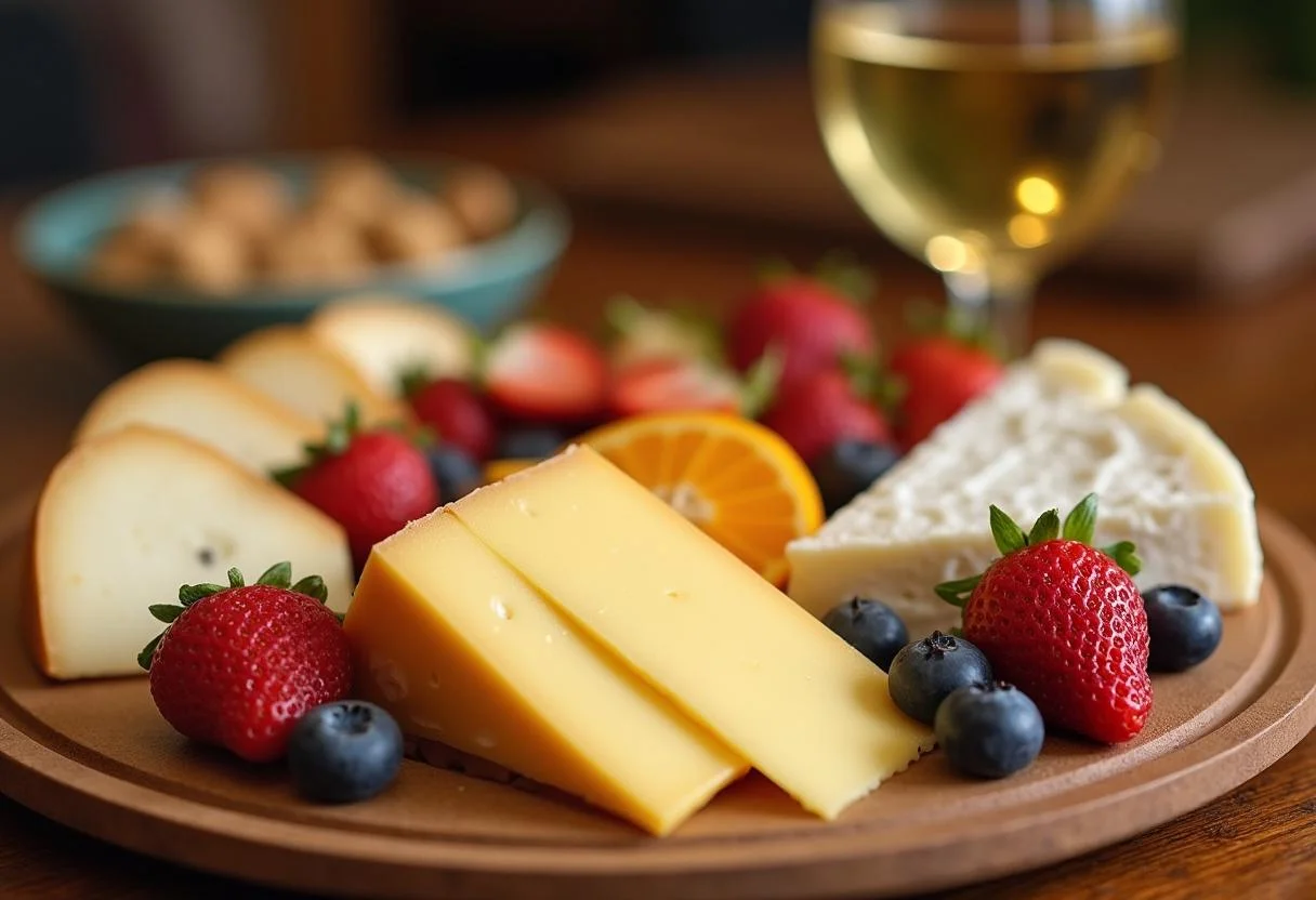 Plateau de fromage avec Fromage Vieux Lille, fruits frais et noix, illustrant l'art de la dégustation de fromage vieux lille.