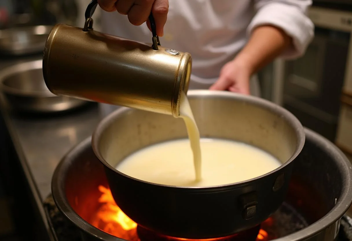 Chauffage du lait dans une grande casserole pour la fabrication du fromage vieux lille, avec une cuillère en bois à côté.