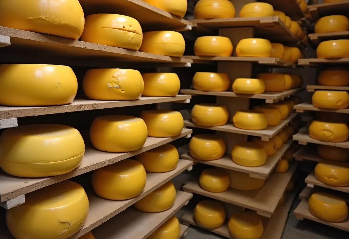 Raffinage de Fromage Vieux Lille dans une cave, mettant en valeur des meules de fromage avec une croûte naturelle.