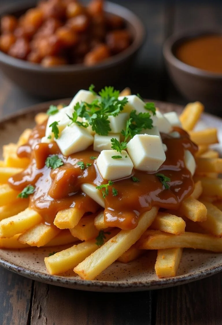 Poutine traditionnelle au fromage en grains servie dans une assiette rustique, mettant en valeur des frites croustillantes et du fromage fondant.