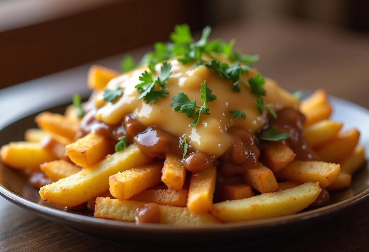 Poutine traditionnelle au fromage en grains servie dans une assiette rustique, mettant en valeur des frites croustillantes et du fromage fondant.