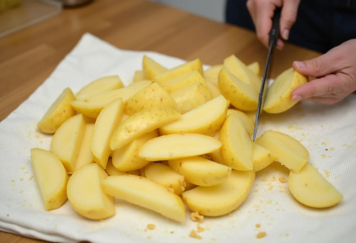 Frites de pommes de terre coupées en morceaux épais et séchées sur un torchon pour préparer le Fromage à Poutine en Grains.