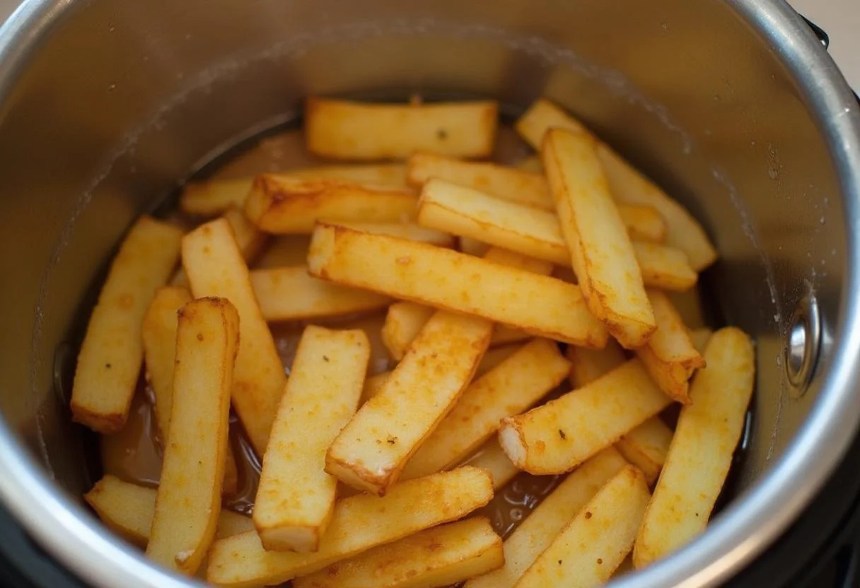Pommes de terre frites dorées et croustillantes égouttées sur du papier absorbant, prêtes pour le Fromage à Poutine en Grains.