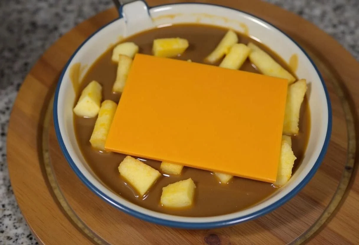 Sauce brune chaude prête à être mélangée avec des frites et du fromage en grains pour le Fromage à Poutine en Grains.