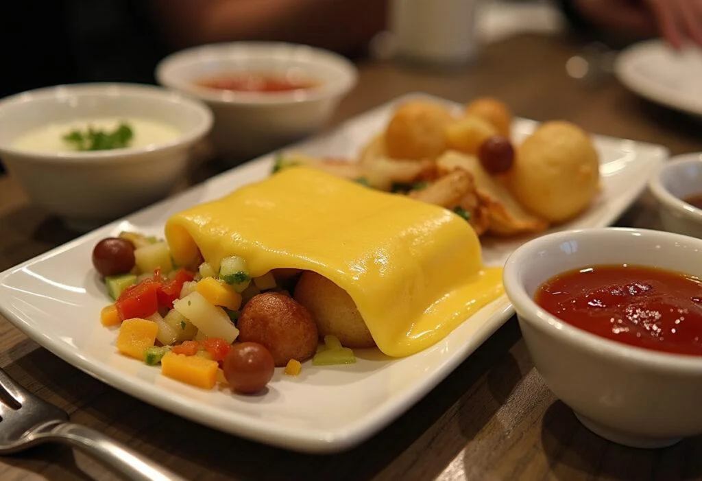 Une assiette soigneusement présentée de fromage à raclette fondu sur des pommes de terre et des légumes, entourée de petits bols de condiments, illustrant un festin de raclette généreux.
