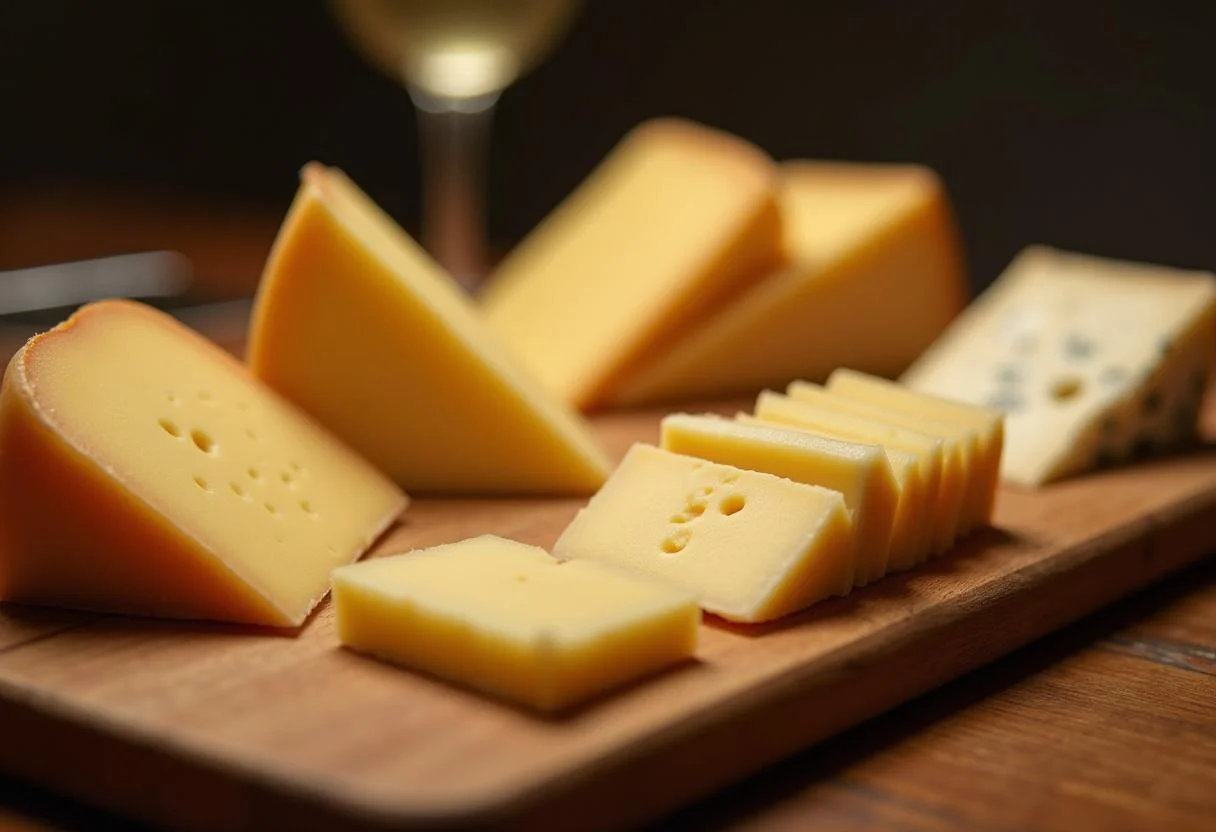 Différents types de fromage à raclette présentés sur une planche en bois, mettant en valeur les variétés crémeuses et fermes du fromage raclette.
