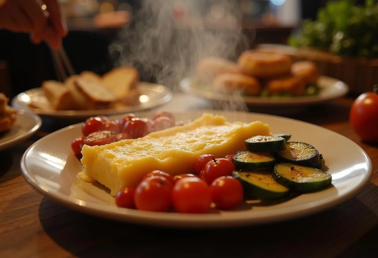 Gros plan sur une assiette fumante de fromage à raclette sur des légumes grillés, sur une table de dîner accueillante avec de nombreux ingrédients.