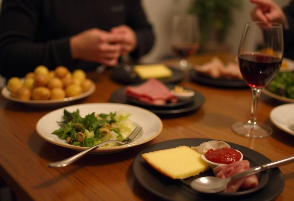 Une table élégante prête pour une soirée raclette, avec du fromage à raclette fondu, des accompagnements de viande, des pommes de terre et du vin, créant une ambiance conviviale.