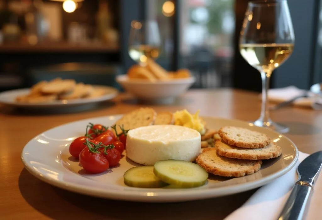 Présentation finale du fromage au raifort sur une assiette avec des crackers et des cornichons, créant une expérience culinaire alsacienne.