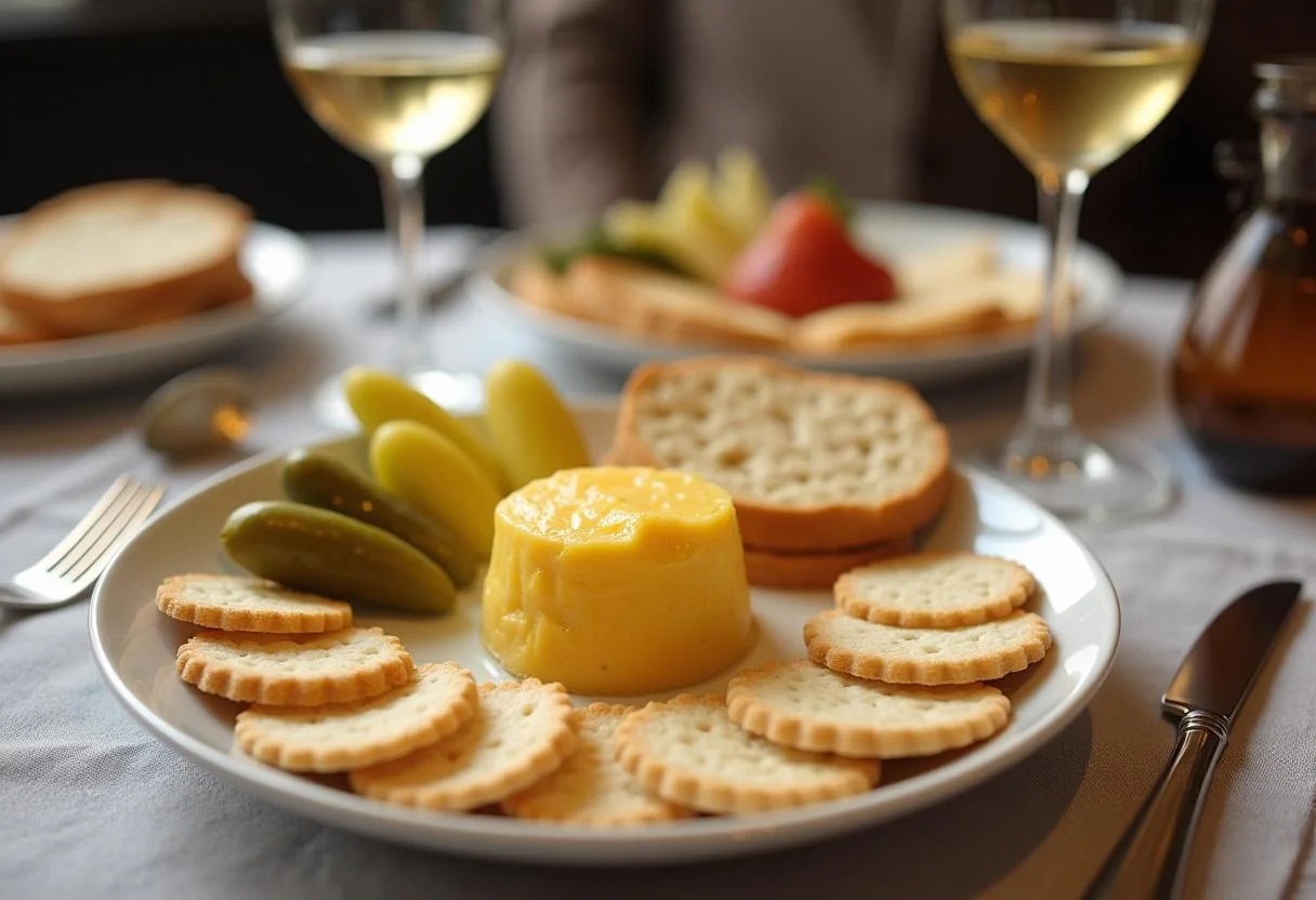 Présentation finale du fromage au raifort sur une assiette avec des crackers et des cornichons, créant une expérience culinaire alsacienne.