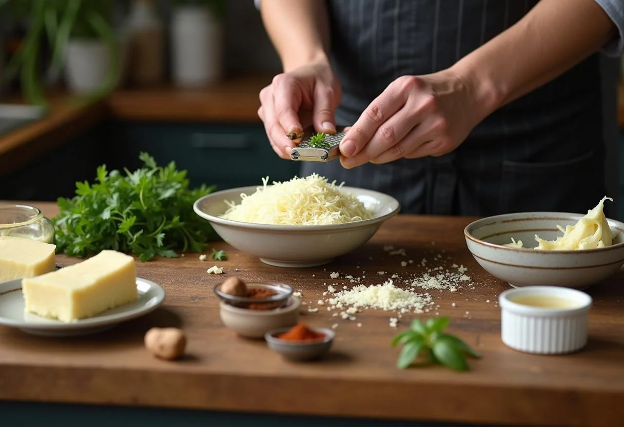 Préparation du fromage au raifort avec du raifort frais râpé dans une cuisine rustique, ingrédients alsaciens sur la table.