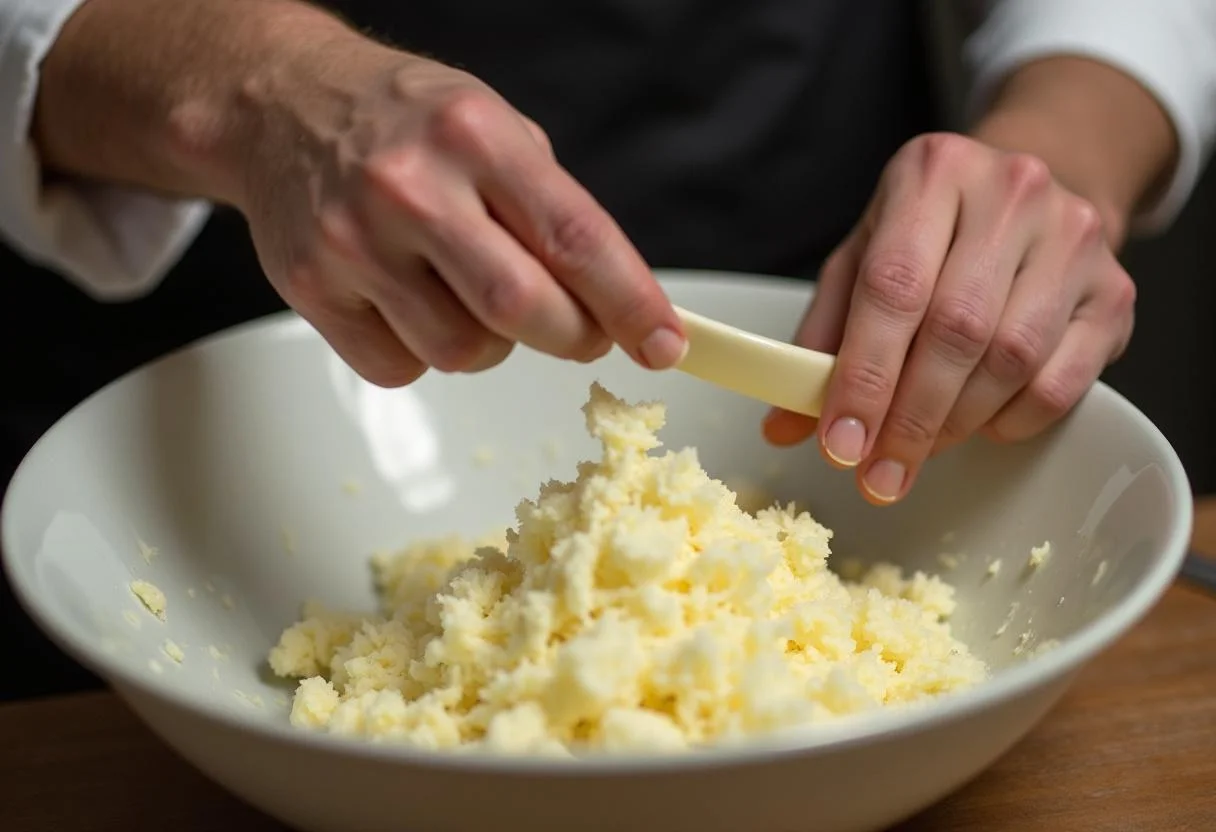 Mélange du fromage crémeux avec du raifort râpé dans un grand bol, mettant en avant les textures des ingrédients pour le fromage au raifort.