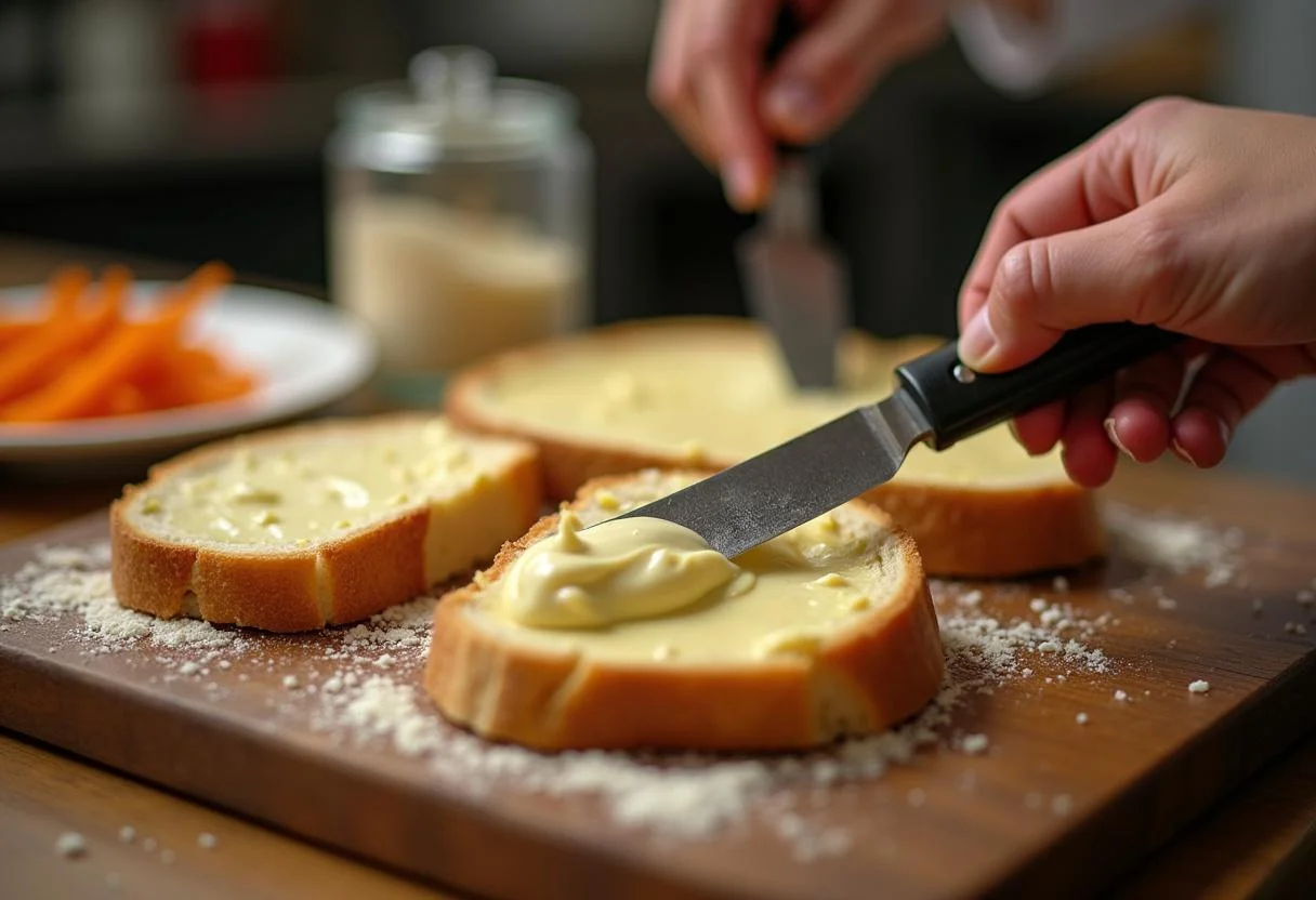 Étaler le mélange de fromage au raifort sur des tranches de pain dans une cuisine chaleureuse, créant une ambiance apéritive alsacienne.