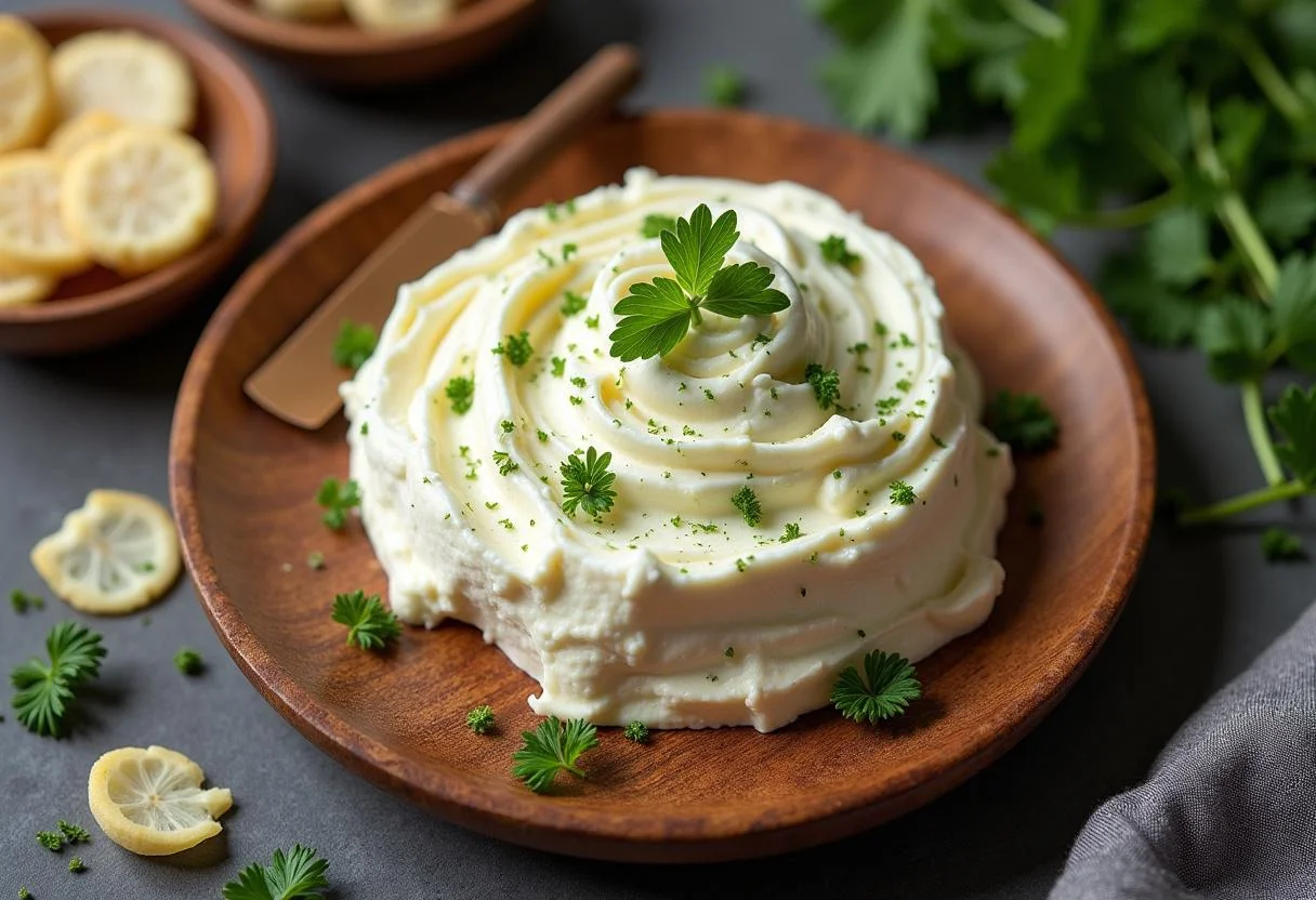 Fromage au raifort soigneusement présenté sur un plat en bois avec des herbes fraîches, prêt à être servi en tant que spécialité alsacienne.