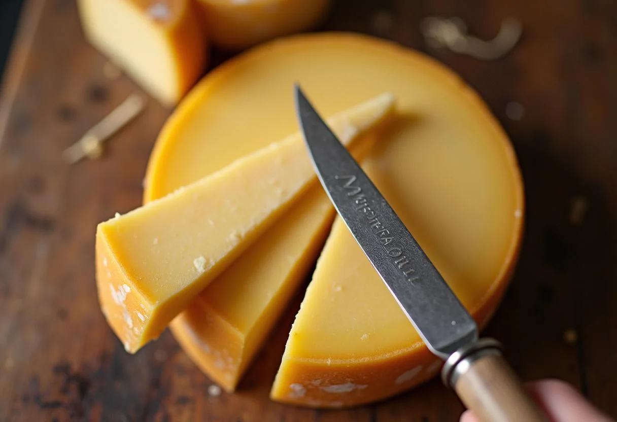 Coupe précise du fromage Manchego, montrant sa texture crémeuse sur une table rustique, symbole du fromage espagnol.