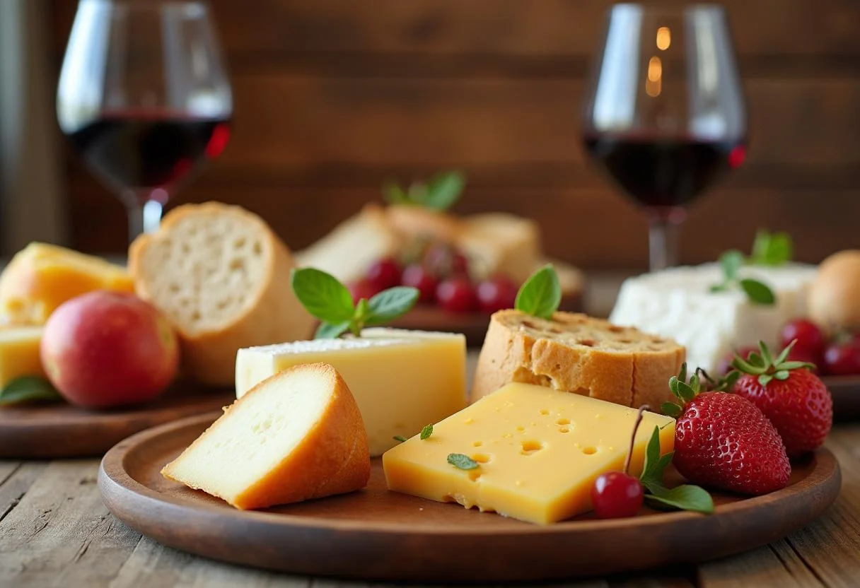 Plateau coloré de fromages espagnols avec des fruits frais et du pain, accompagné d'un verre de vin rouge, parfait pour un apéritif.
