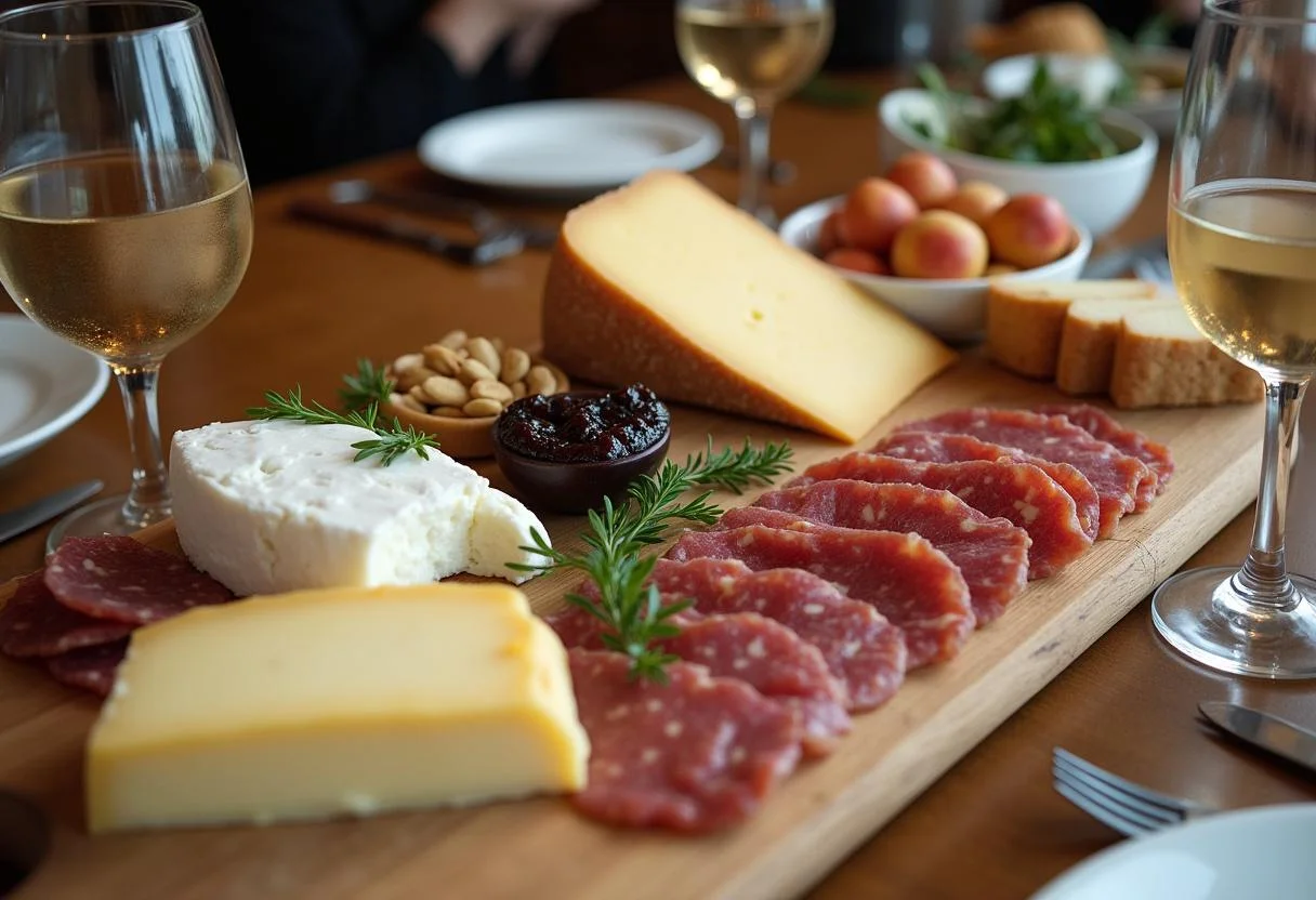 Table de repas joliment dressée avec des fromages espagnols, charcuterie et accompagnements prêts pour un rassemblement.