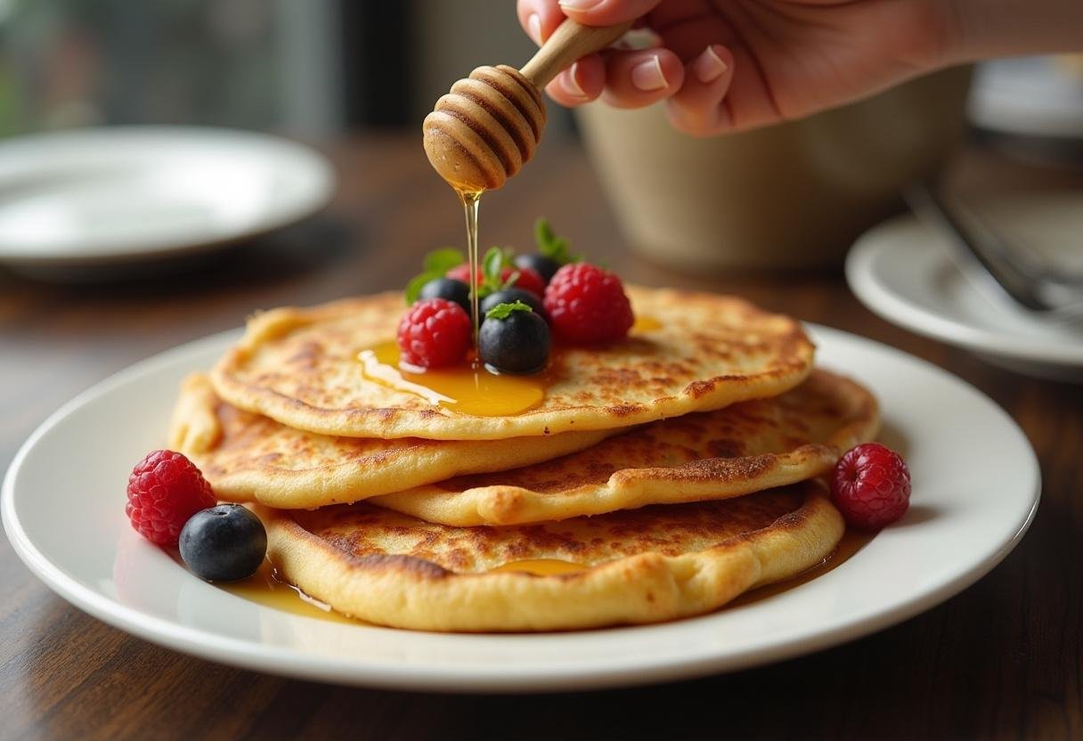 Présentation finale de la galette flocon d'avoine minceur sur une assiette, garnie de fruits frais et d'un filet de miel, parfaite pour une dégustation saine.