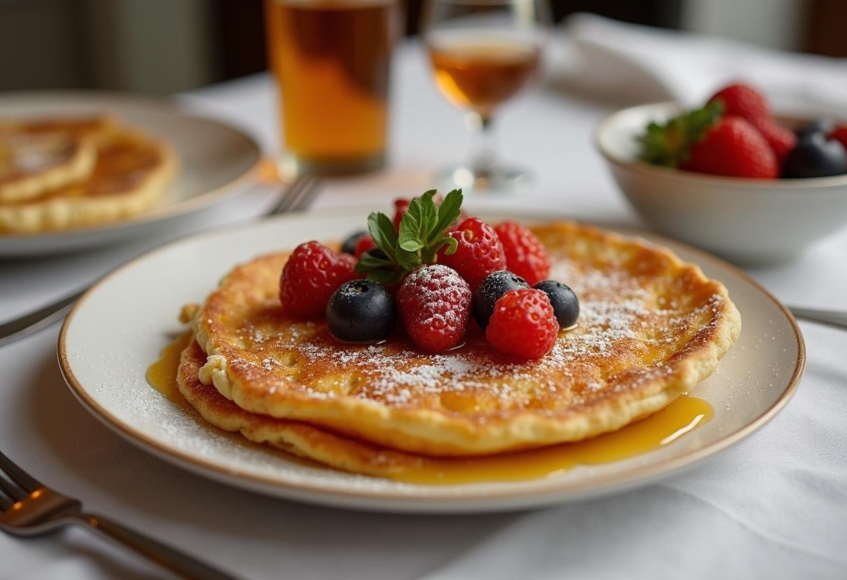 Présentation finale de la galette flocon d'avoine minceur sur une assiette, garnie de fruits frais et d'un filet de miel, parfaite pour une dégustation saine.