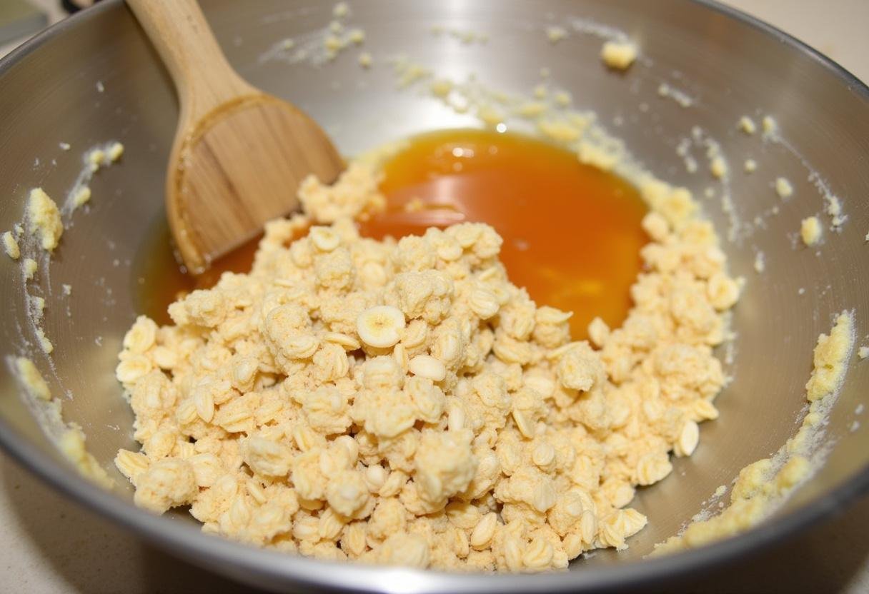 Mélange des flocons d'avoine, des bananes écrasées et du miel pour créer une pùte épaisse dans un bol, illustrant la recette galette flocon d'avoine minceur.