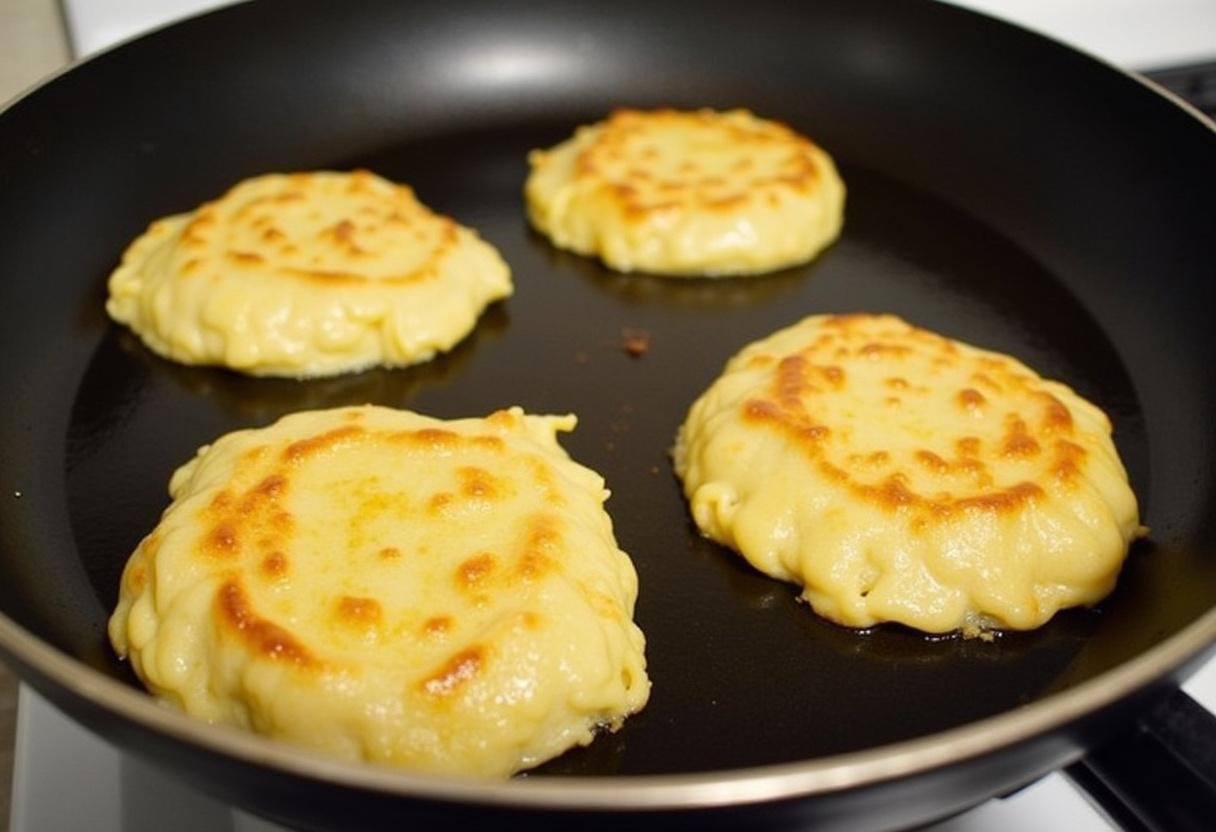 Cuisson des petites galettes flocon d'avoine sur une poĂȘle antiadhĂ©sive, illustrant le processus de prĂ©paration de la recette galette flocon d'avoine minceur.