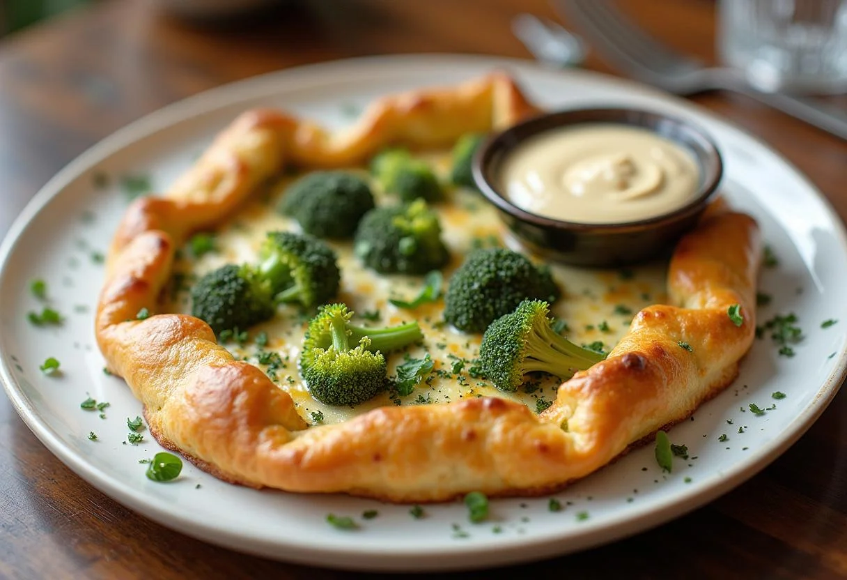 Présentation d'une galette au brocoli et fromage, dorée et croustillante, avec des herbes fraîches.