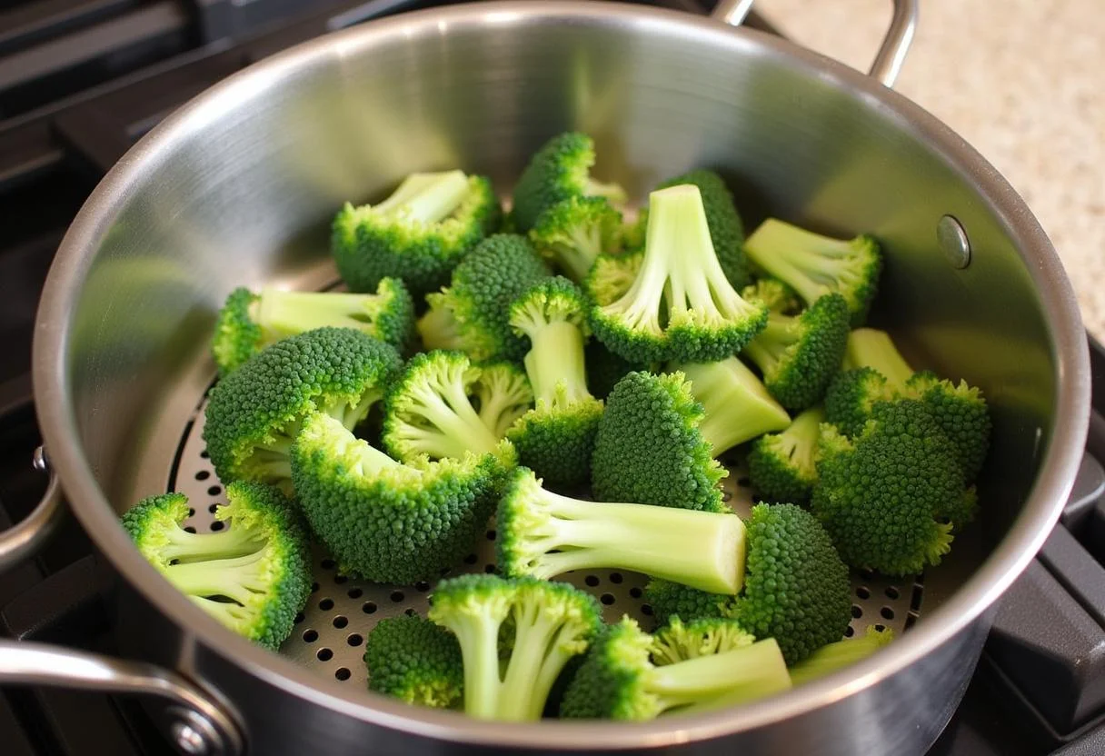 Préparation du brocoli en fleurons pour une galette au brocoli et fromage.